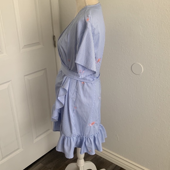 Blue and white striped Flamingo embroidered print wrap dress with ruffle bottom - Picture 7 of 12